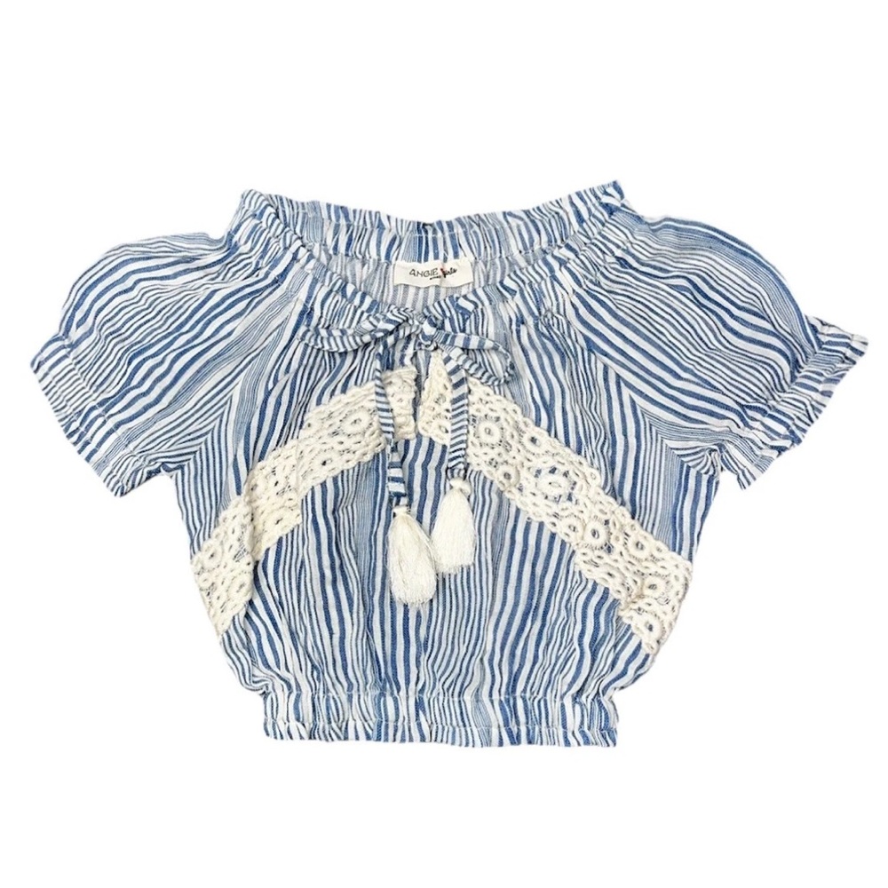 Angie Girls Shirt Crop Fitted Blue White Crochet Tie Small NWT